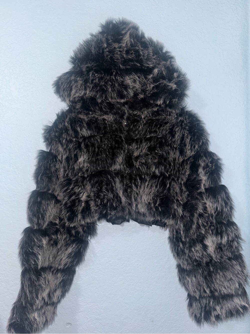 Faux Fur Hooded Cropped Jacket - Dark grey/Black